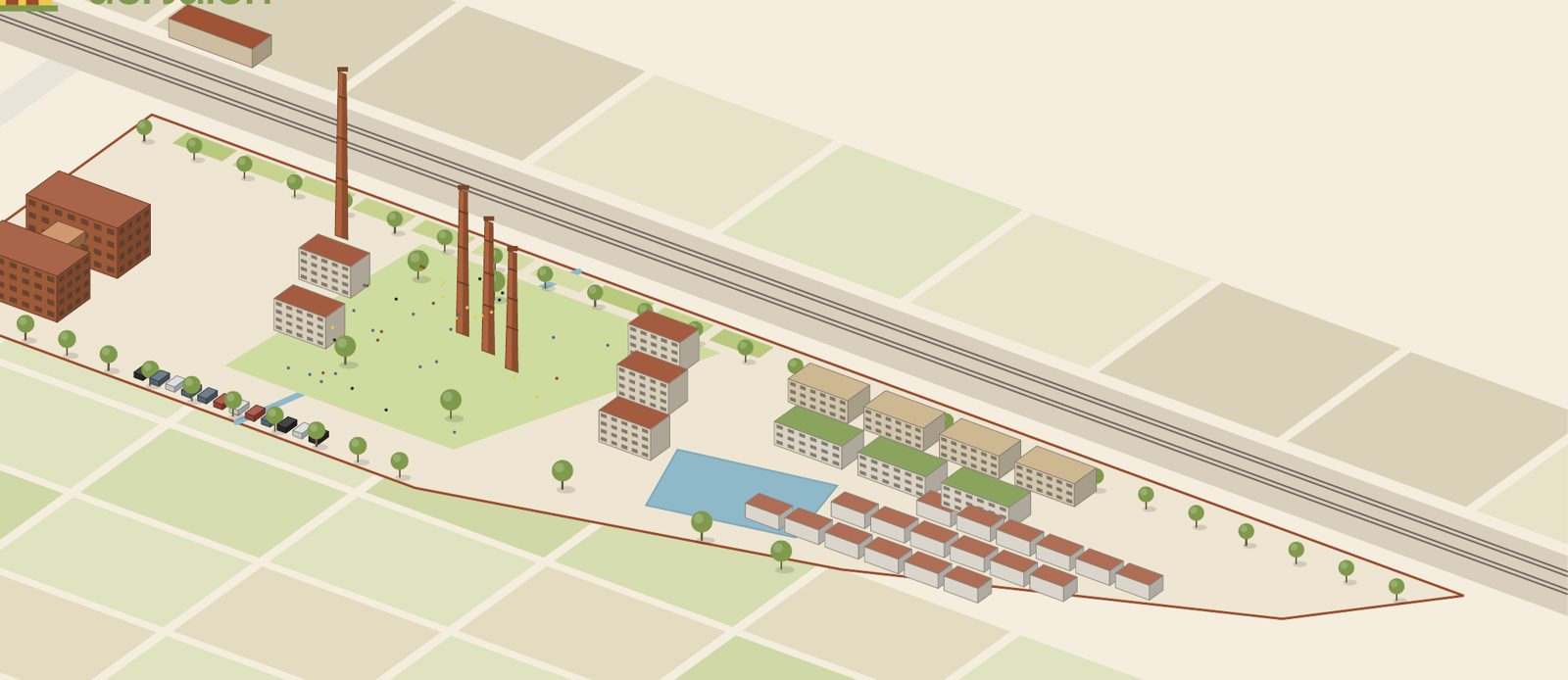 Ilustración: silos como residencia, bloques de alquiler y casas en hilera alrededor del parque