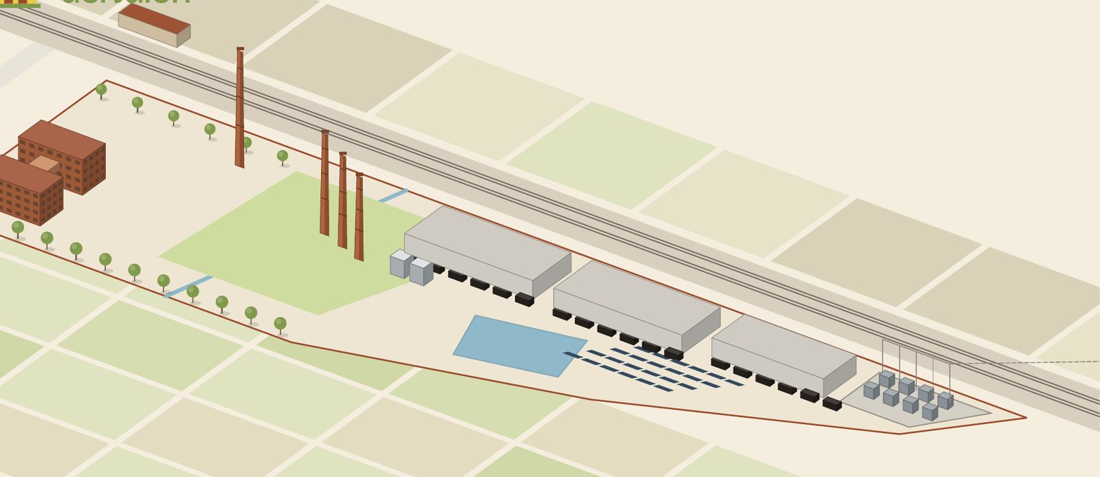 Ilustración: salas de datos, subestación y fotovoltaica en la finca
