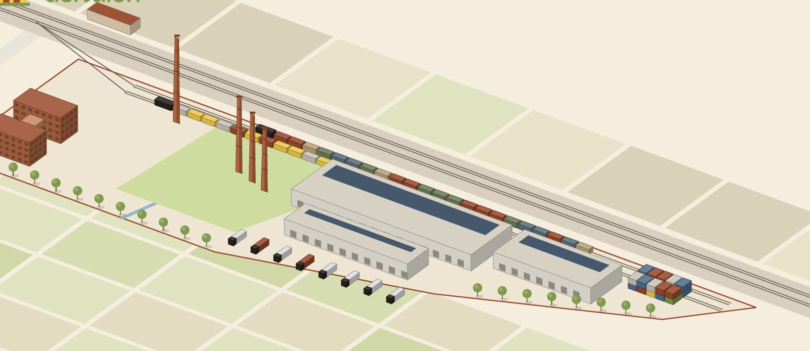 Ilustración: naves logísticas con muelles y apartadero ferroviario dentro de la finca