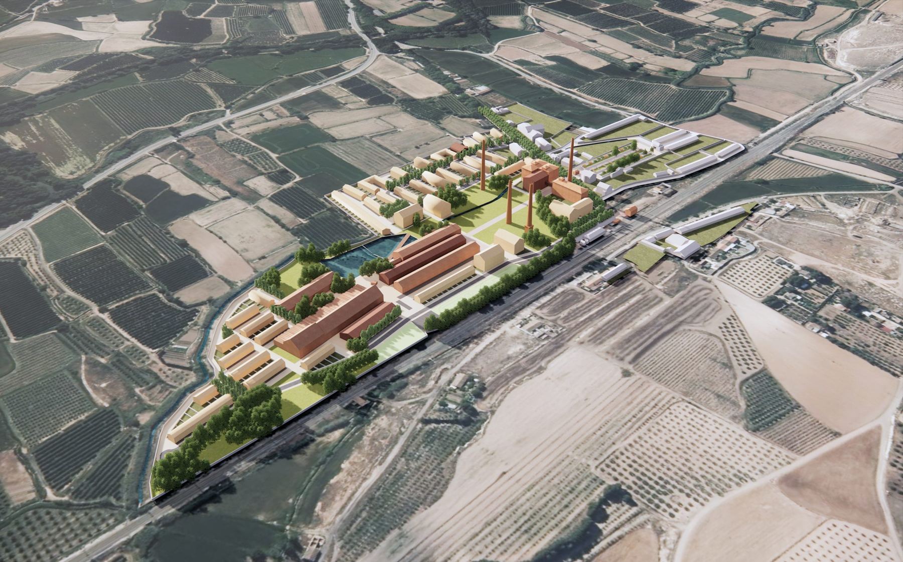 Vista aérea del Plan Parcial sobre la finca junto a la vía